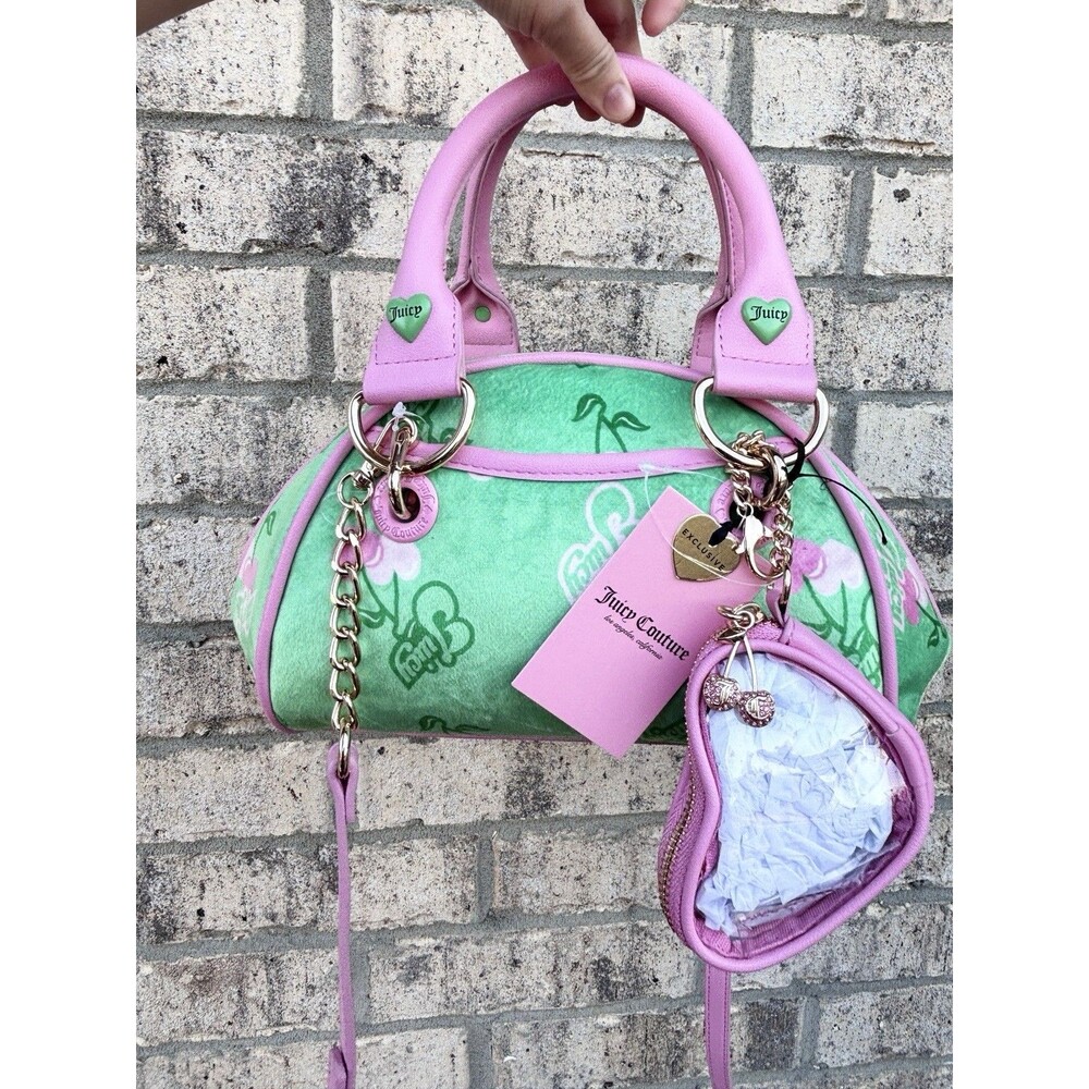 NWT Juicy Couture Retro Juicy Cherry Satchel Crossbody Bag Retro Green Velvet